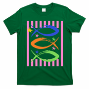 Christian Fish Symbol Striped Retro T-Shirt - Irish Green