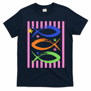 Christian Fish Symbol Striped Retro T-Shirt - Navy Blue