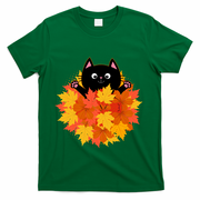 Cute Happy Black Cat Fall Autumn Leaves T-Shirt - Green