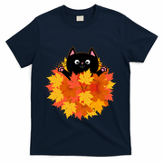 Cute Happy Black Cat Fall Autumn Leaves T-Shirt - Navy