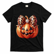 Cute Halloween Pumpkin Leopard Bow T-Shirt - Black