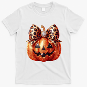 Cute Halloween Pumpkin Leopard Bow T-Shirt - White