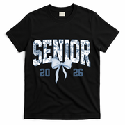 Class Of 2026 Senior Coquette Bow Blue Toile Floral T-Shirt - Black