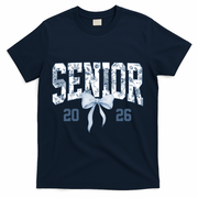 Class Of 2026 Senior Coquette Bow Blue Toile Floral T-Shirt - Navy