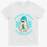 Cute Ovarian Cancer Is Boo Sheet Halloween Ghost Teal Ribbon T-Shirt - White