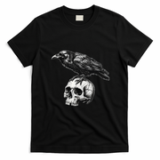 Crow On Skull Vintage Halloween Skeleton T-Shirt - Black