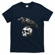 Crow On Skull Vintage Halloween Skeleton T-Shirt - Navy Blue
