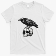 Crow On Skull Vintage Halloween Skeleton T-Shirt - White