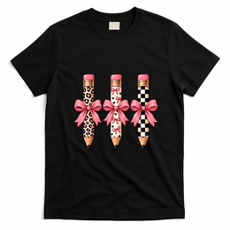 Cute Pink Bow Pencil Students Teachers Back To School T-Shirt - Black