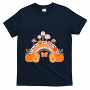 Cute Retro Vintage Fall Autumn Rainbow Mushrooms Pumpkins T-Shirt - Navy
