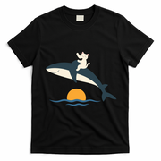 Cat Riding Whale Vintage Ocean Sunset T-Shirt - Black