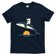 Cat Riding Whale Vintage Ocean Sunset T-Shirt - Navy Blue