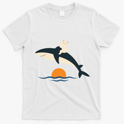 Cat Riding Whale Vintage Ocean Sunset T-Shirt - White