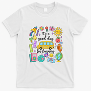 Cute School Bus Cartoon Illustration for Kids and Teachers T-Shirt - White