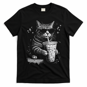 Cool Cat Sipping Drink With Sunglasses Graphic T-Shirt - Black