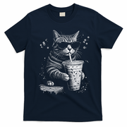 Cool Cat Sipping Drink With Sunglasses Graphic T-Shirt - Navy Blue