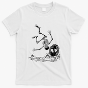 Creepy Skeleton Jumping In Grave RIP Halloween T-Shirt - White