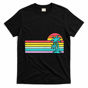 Colorful Sunset Stripe Palm Tree Summer Beach T-Shirt - Black