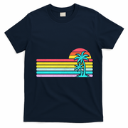 Colorful Sunset Stripe Palm Tree Summer Beach T-Shirt - Navy Blue