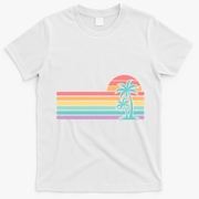 Colorful Sunset Stripe Palm Tree Summer Beach T-Shirt - White