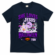 Christian Spooky Season She Loves Jesus And Halloween Too T-Shirt - Navy Blue