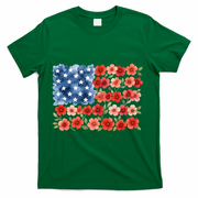 Cute Watercolor Floral Flower Patriotic USA American Flag T-Shirt - Green