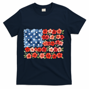 Cute Watercolor Floral Flower Patriotic USA American Flag T-Shirt - Navy