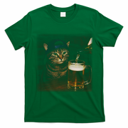 Cat Wearing Hat Getting Beer Poured Unimpressed Tabby T-Shirt - Irish Green