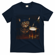Cat Wearing Hat Getting Beer Poured Unimpressed Tabby T-Shirt - Navy Blue