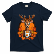 Deer Antlers Pumpkin Spice Latte Fall Thanksgiving Halloween T-Shirt - Navy Blue
