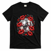 Disco Ball Kissing Lips 80s Retro Party T-Shirt - Black