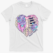 Dead Inside Pink Skeleton Chest Crow Heart Roses Halloween Gift T-Shirt - White