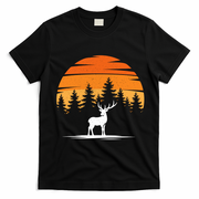Deer Sunset Mountain Scene Vintage Outdoor Retro T-Shirt - Black