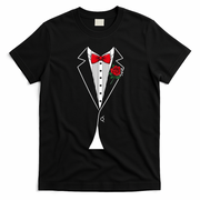 Elegant Tuxedo Red Rose Bow Tie Costume Party Tux T-Shirt - Black