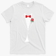 Elegant Tuxedo Red Rose Bow Tie Costume Party Tux T-Shirt - White