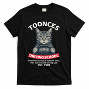 Funny Cat Driving School Graphic with Kitten Steering T-Shirt - Black
