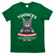 Funny Cat Driving School Graphic with Kitten Steering T-Shirt - Green