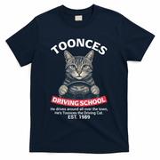 Funny Cat Driving School Graphic with Kitten Steering T-Shirt - Navy