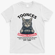 Funny Cat Driving School Graphic with Kitten Steering T-Shirt - White