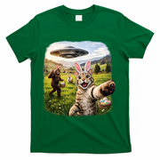 Funny Cat Selfie Easter Bunny Bigfoot UFO T-Shirt - Green