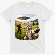 Funny Cat Selfie Easter Bunny Bigfoot UFO T-Shirt - White