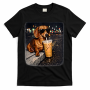 Funny Dachshund Drinking Iced Coffee T-Shirt - Black