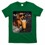 Funny Dachshund Drinking Iced Coffee T-Shirt - Green