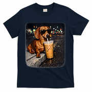 Funny Dachshund Drinking Iced Coffee T-Shirt - Navy