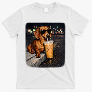 Funny Dachshund Drinking Iced Coffee T-Shirt - White