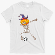 Funny Dabbing Skeleton Pumpkin Head Scary Witch Hat Soccer T-Shirt - White