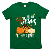 Fall For Jesus He Never Leaves Cross Pumpkin T-Shirt - Irish Green
