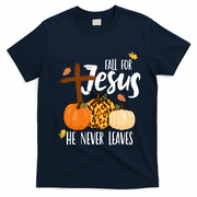 Fall For Jesus He Never Leaves Cross Pumpkin T-Shirt - Navy Blue