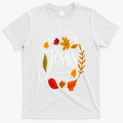Fall For Jesus He Never Leaves Pumpkin Thanksgiving T-Shirt - White