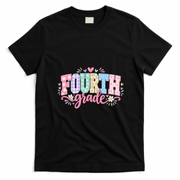 Fourth Grade Fun Colorful Floral Back To School T-Shirt - Black